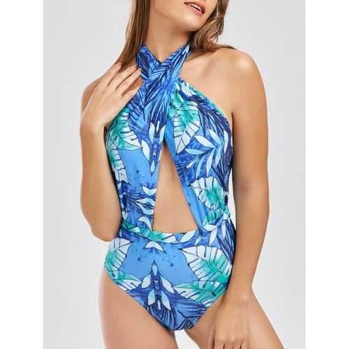 Criss-Cross Halter Palm Leaf Print Swimsuit - Light Blue S