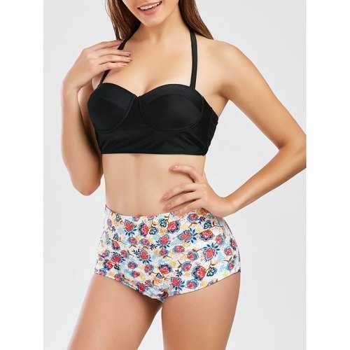 Floral High Waist Push Up Bikini Set - M