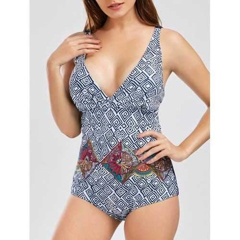 Plunge Print Backless One Piece Swimwear - Deep Blue 50