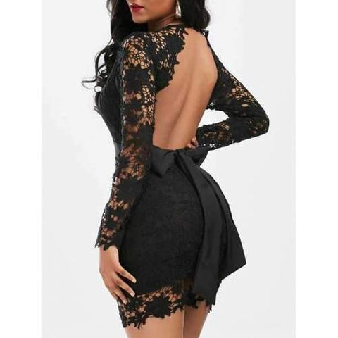 Plunging Neckline Open Back Mini Lace Dress - Black S