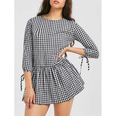 Buttons Drop Waist Plaid Dress - Checked S