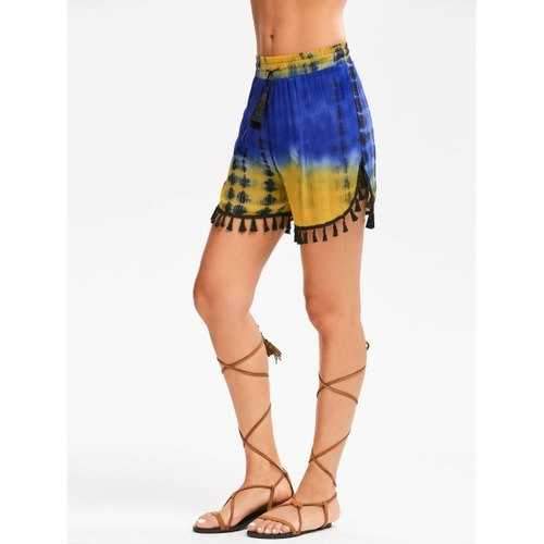 Tie Dye Print Beach Shorts with Tassel - M