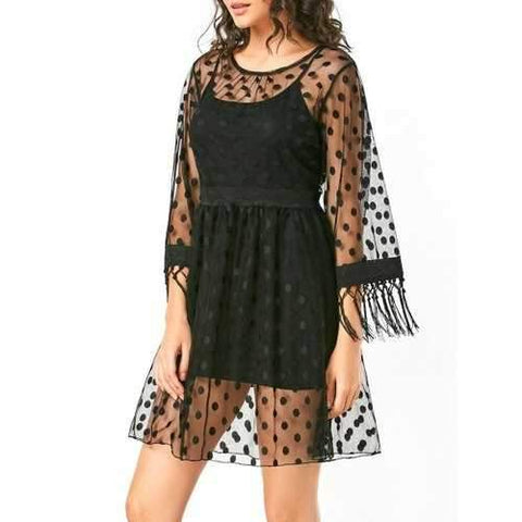 Long Sleeve Fringe Polka Dot Sheer Dress - Black L