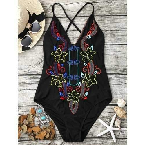 Lace Up Cross Back Embroidered Swimsuit - Black M