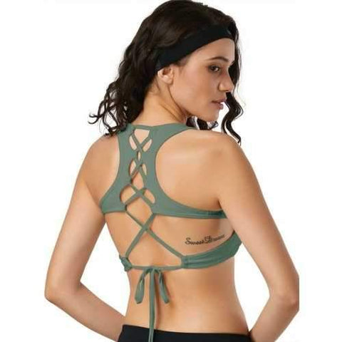 Padded Back Lace Up Cutout Sporty Bra - Army Green L