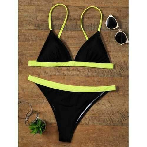 Plunging Contrast Color Skimpy Bikini - Black Xl