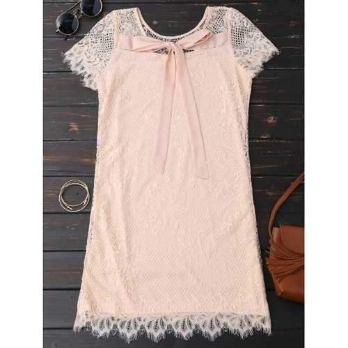 Self Tie Eyelash Lace Dress - Pink M