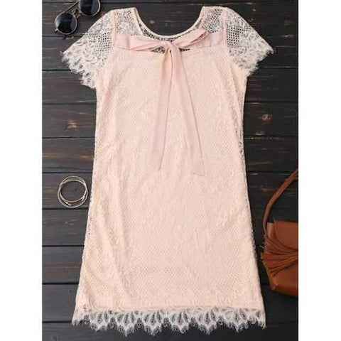 Self Tie Eyelash Lace Dress - Pink M