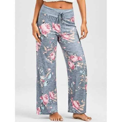 Casual Floral Print Drawstring Pants - Light Gray S