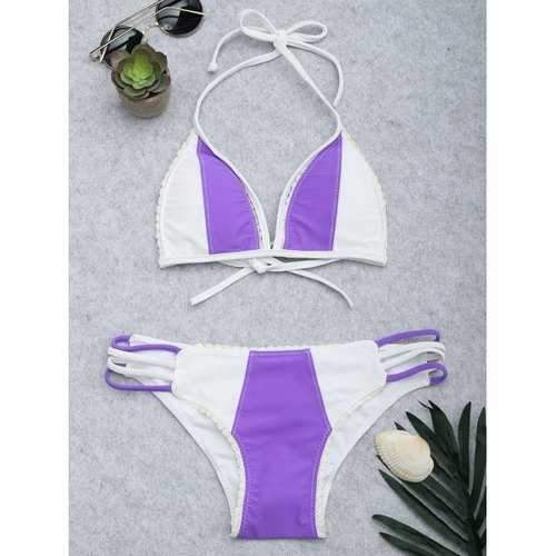 Halter Color Block Caged String Bikini Set - White + Purple L