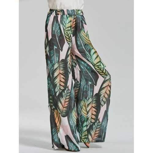 Trapical Leaf Print Wide Leg Exumas Pants - Green M