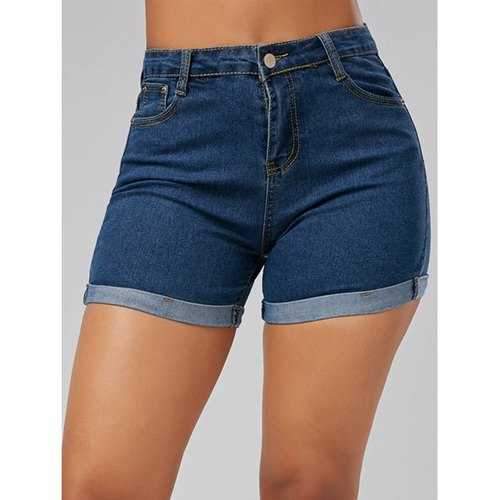 High Waisted Denim Skinny Mini Shorts - Blue 2xl