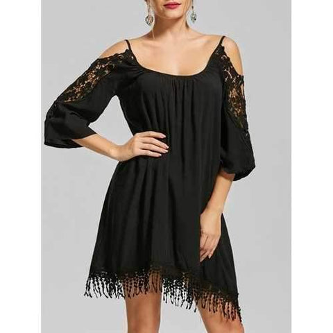 Cold Shoulder Lace Trim Fringe Mini Dress - Black S