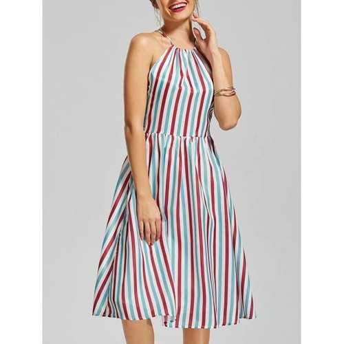 Colorful Stripe A Line Midi Dress - L