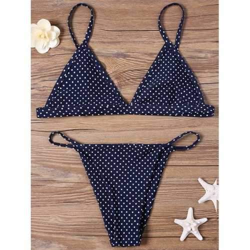 Polka Dot Plunge String Bikini Set - Blue And White L