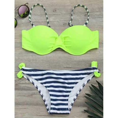 Twist Front Underwire Striped Bikini Set - Fluorescent Yellow L