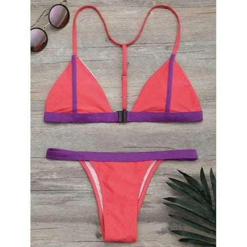 Two Tone Thong Bikini Set - Watermelon Red S