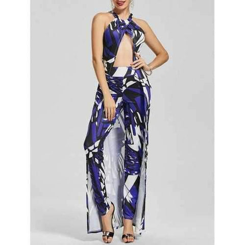 Geometric Print Halter Longline Top+Tight Pants - Blue M