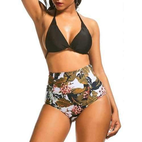 High Waist Floral Leaf Print Bikini Suit - M