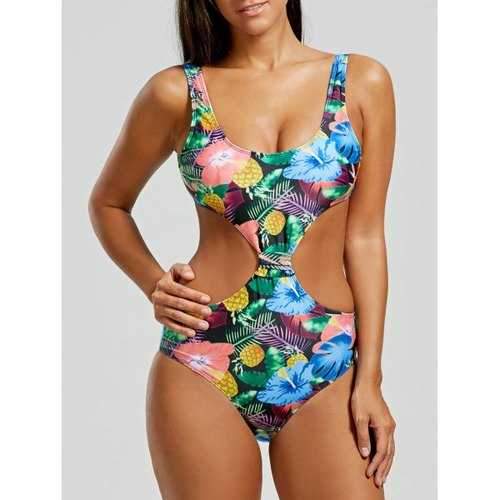 High Waisted Cut Out Pineapple Swimsuit - Floral S