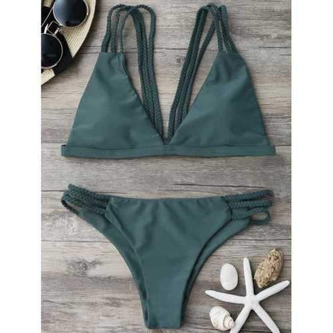 Strappy Braided Bikini Set - Sage Green S