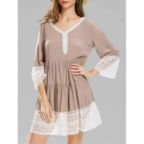 Lace Panel Long Sleeve Smock Dress - S