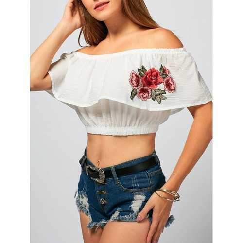 Off The Shoulder Flower Embroideried Crop Top - White M