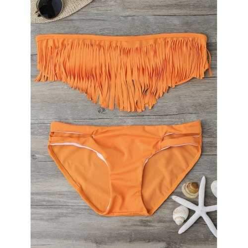 Fringed Bandeau Bikini Swimwear - Orange M