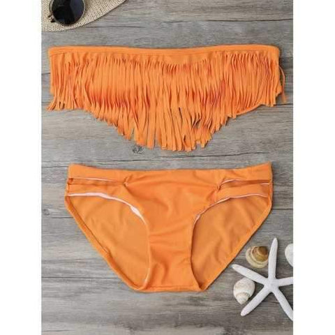 Fringed Bandeau Bikini Swimwear - Orange M