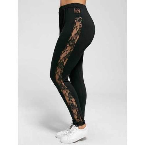 Plus Size Lace Insert Sheer Leggings - Black 2xl