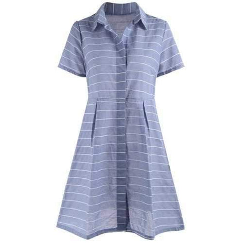 Button Up Striped Mini Shirt Dress - Light Blue S