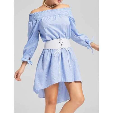 Off The Shoulder Striped High Low Dress - Stripe L