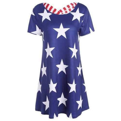 Star Print Striped Lattice Short Sleeve Dress - Blue Xl