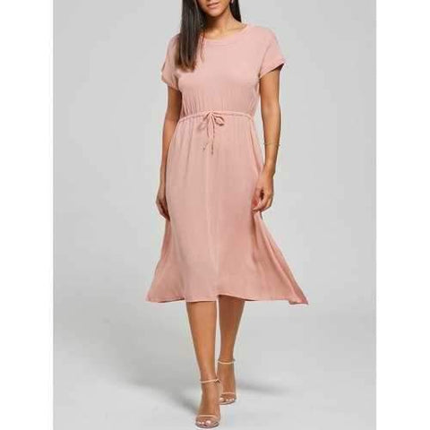 Drawstring Short Sleeve Casual Midi Dress - Pale Pinkish Grey One Size