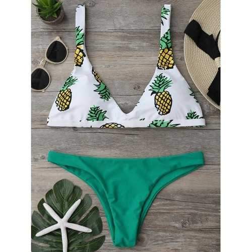 High Cut Pineapple Print Bikini Set - Green S