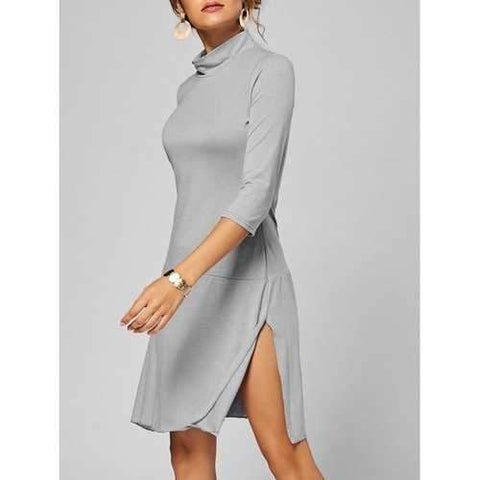 High Neck Side Slit A Line Dress - Gray M