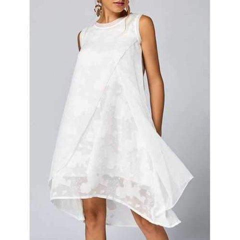 Tiered Mesh Asymmetric Tank Dress - White L