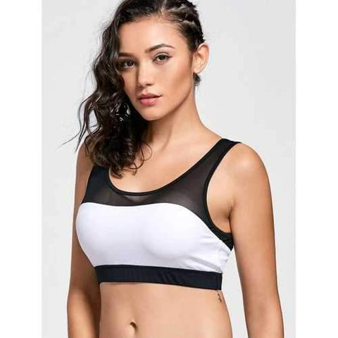 Mesh Panel Color Block Sporty Bra - White And Black L