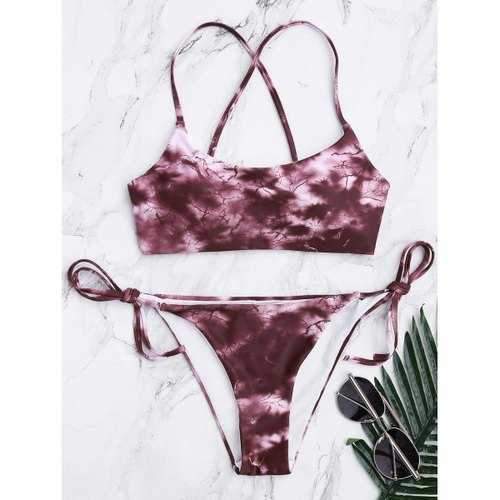 Tie Dye Criss Cross Tied Bikini Set - Brick-red Xl