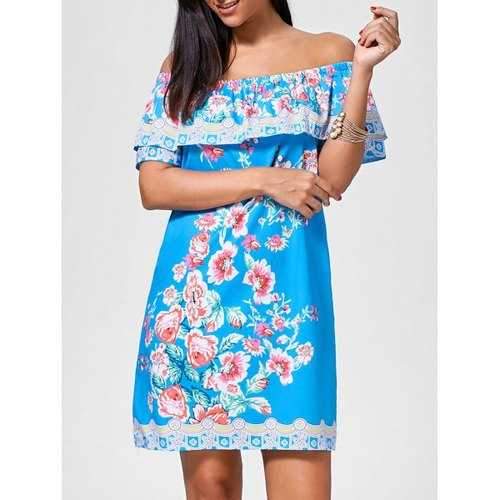 Mini Off The Shoulder Floral Print Dress - Lake Blue L