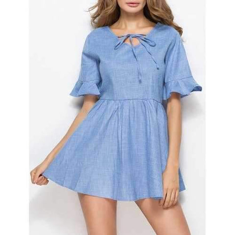 Bell Sleeve Mini Skater Dress - Blue S