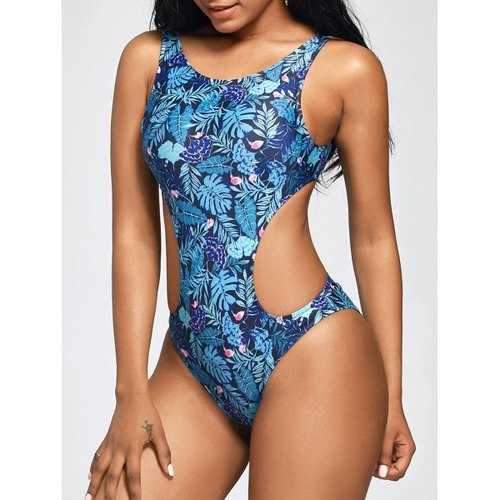 Backless Monokini with Tropical Leaf Print - S