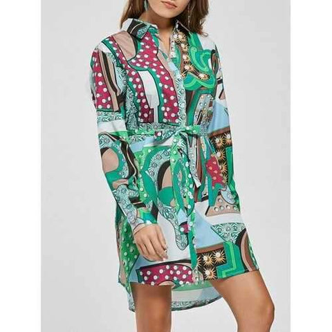 Long Sleeve Printed Mini Shirt Dress - M