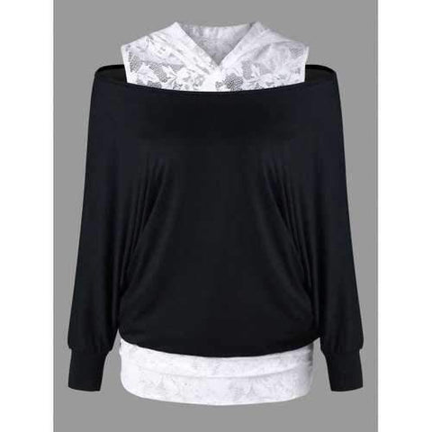 Lace Trim Cold Shoulder Hoodie - White And Black M