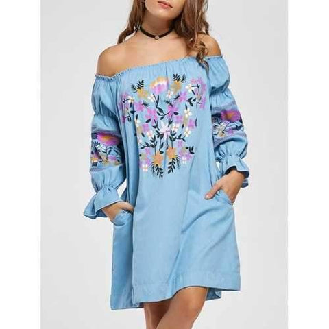 Floral Print Off The Shoulder Shift Dress - Azure Xl