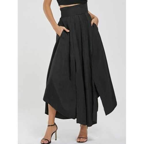 High Waisted Pleated Slit Maxi Skirt - Black S