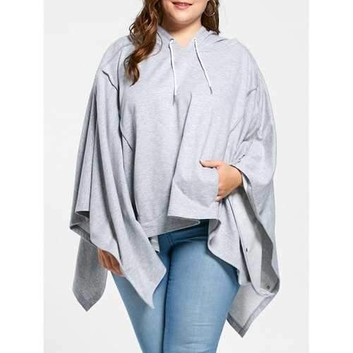 Plus Size Handkerchief Hem Cloak Hoodie - Light Gray One Size