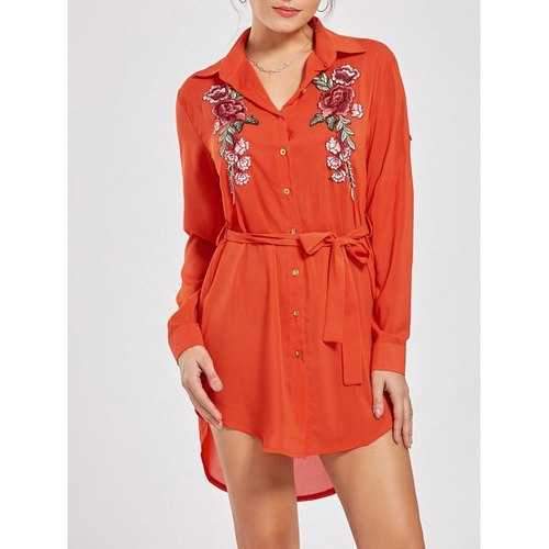 Long Sleeve Embroidered Shirt Mini Dress - Orange Xl