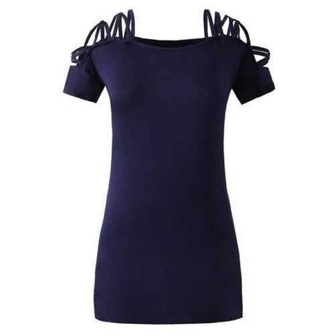 Lace Up Shoulder Short Sleeve Fitted Dress - Blue Xl