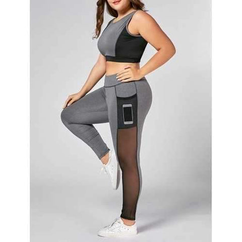 Plus Size Wirefree Bra and Mesh Panel Leggings - Gray Xl